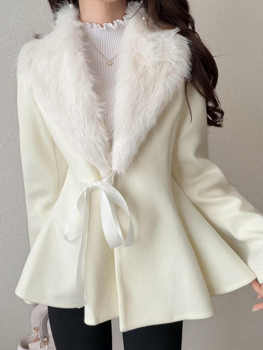 FRIFUL Women's Solid Color Fur Collar Long Sleeve Waist Tie Elegant Overcoat Fall - Beige - View 1