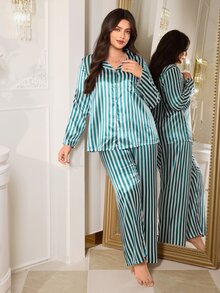 MuseNap CURVE Classic Striped Elegant Open Front Lapel Long Sleeve Pants Women Plus Size Pajama Set - Green - View 4