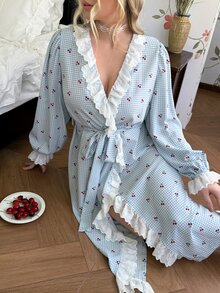 CottageSlumber Plus Size Women's Blue Plaid Cherry Print Open Front Lace Trim Lantern Sleeve Comfortable Draped Woven Bubble Crinkle Pastoral Romantic Waist Tie Long Sleeve Robe Bathrobe - Blue - View 5