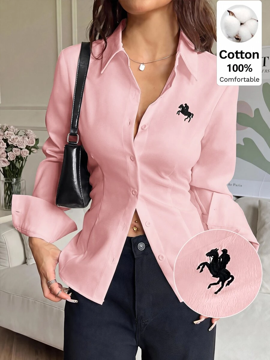 SHEIN EZwear 100%純棉粉色女款休閒百搭款前扣式後腰繫帶修身長袖襯衫,適合秋冬,百搭風格 - 淺粉色 - 查看 1