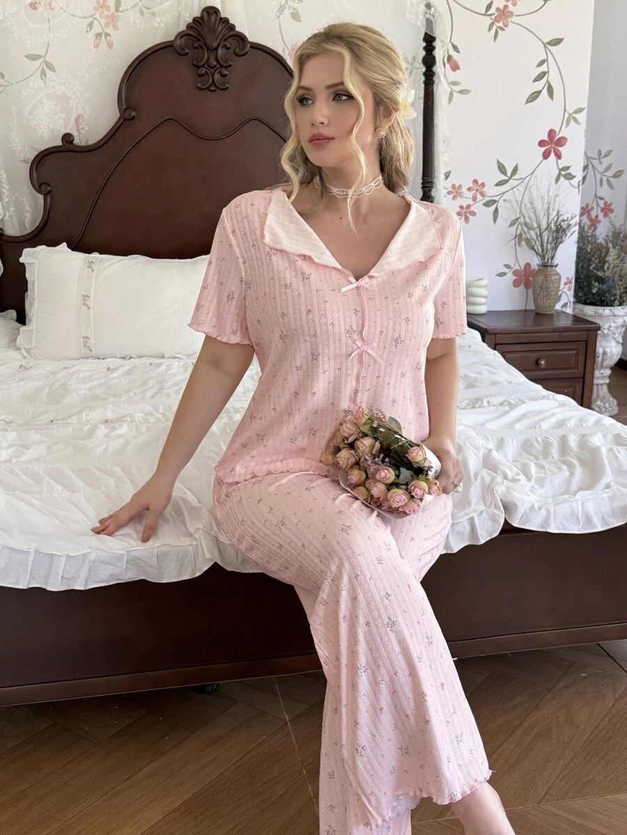 CottageSlumber Plus Size Knit Jacquard Romantic Jacquard Short Sleeve Long Pants Pajama Set - Baby Pink - View 1