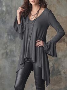 Glimmora New Plus Size Women's Fashion Casual Versatile Mid-Length Flare Ruffle Sleeve Long Sleeve T-Shirt - Grey - View 6
