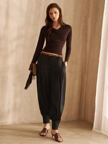 MOTF PREMIUM WOMEN'S PURPLE RUCHED T-SHIRT, FASHIONABLE COMMUTER STYLE FOR AUTUMN/WINTER - Coffee Brown - View 7