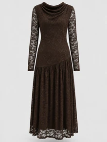 Selenza Women's Autumn/Winter Coffee Color Deep V-Neck Lace Long Sleeve Simple Elegant Dress - Brown - View 5