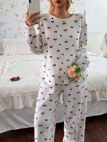 CottageSlumber Romantic Flannel Cherry Bow Print Round Neck Long Sleeve Pants Women's Pajama Set, Autumn/Winter - Multicolor - View 7