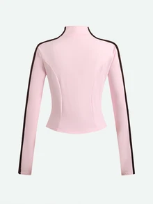 SHEIN 青少年女孩對比棕色中式結與織帶立領修身粉色長袖夾克外套休閒運動風，5款隨機1件 - 粉色 - 查看 3
