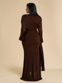 SHEIN BAE CURVE Plus Size Women Deep Burgundy Ruched Long Dress With Bow, Elegant Cocktail Dress, Halloween Fall - Brown - View 3