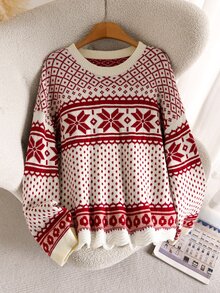 CosyJoli Plus Size Fashion Jacquard Long Sleeve Sweater For Holiday & Vacation - Multicolor - View 4
