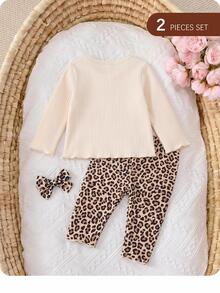 SHEIN 新生兒字母印花上衣與豹紋印花長褲居家休閒套裝 - 米色 - 查看 4