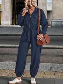 EMERY ROSE Setelan 2 Potong Jaket Pendek Kerah Tegak Resleting Kasual Ukuran Besar dengan Kantong dan Lubang Sabuk, Celana Kargo Manset, Formal Liburan, Biru Tua, Musim Gugur - Navy Blue - View 7