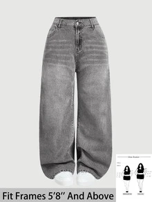 SHEIN Tall CURVE 女款大尺碼休閒基礎款藍色牛仔寬鬆長褲 - 淺灰色 - 查看 1