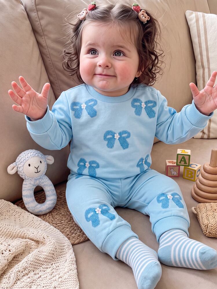 SHEIN Newborn Cute Blue Bow Sweatshirt & Elastic Waist Long Pants Set - Blue - View 1