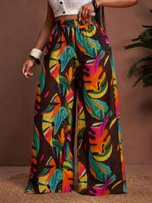 Veslaya Plus Size Tropical Plant Print Loose Wide Leg Pants Fall - Multicolor - View 5