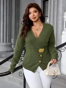 SHEIN Clasi Plus Size Women's Solid Color Metal Decor Casual Versatile Cardigan Saudi National Day - Army Green - View 6