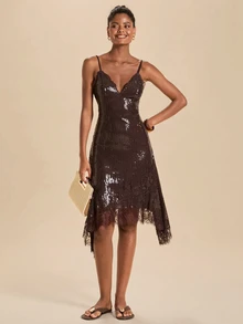 Travachic Women's Solid Color Sequin Contrast Lace Hem Cami Dress - Coffee Brown - View 1