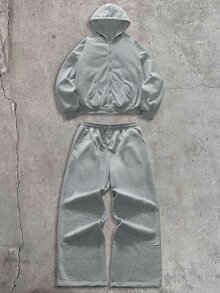 AXEPEAK 男士拼色連帽衛衣與運動長褲套裝 - 淺灰色 - 查看 1