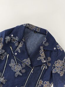 SHEIN 女款新款極簡日常丹寧花卉長袖夾克 秋冬款 - 藍色 - 查看 3