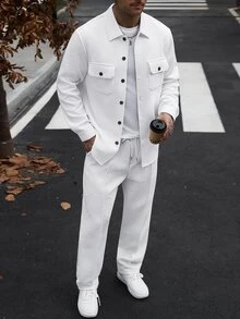 Manfinity CasualCool 男士針織紋理前開鈕扣設計 白色經典百搭秋冬休閒夾克 2件套 - 白色 - 查看 4