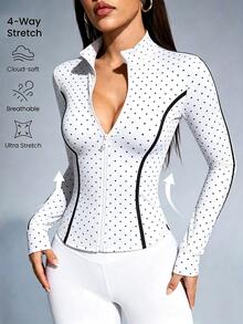 SHEIN Sovereign Charm 女款波點撞色休閒日常運動夾克 - 黑與白 - 查看 1