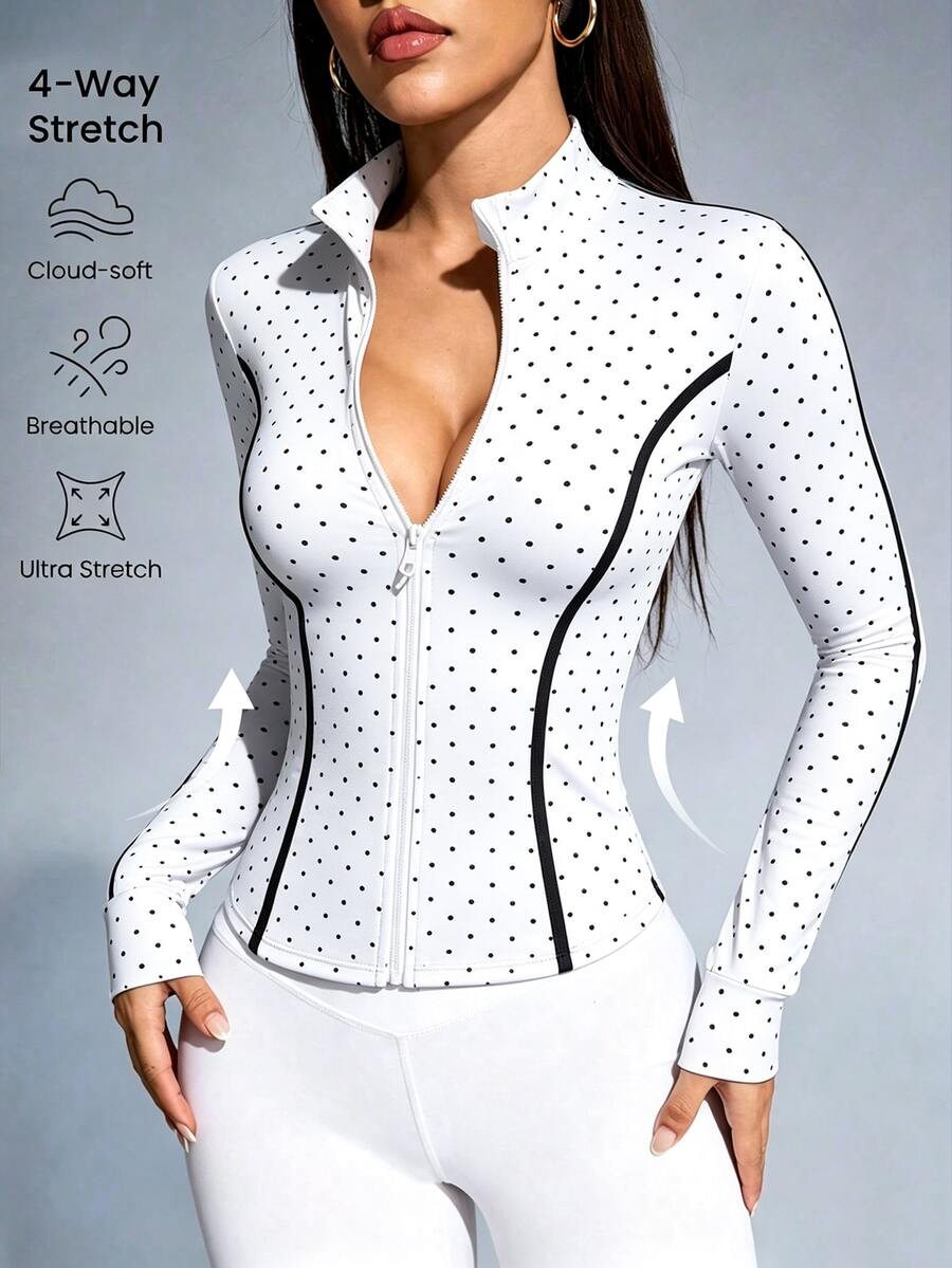 SHEIN Sovereign Charm 女款波點撞色休閒日常運動夾克 - 黑與白 - 查看 1