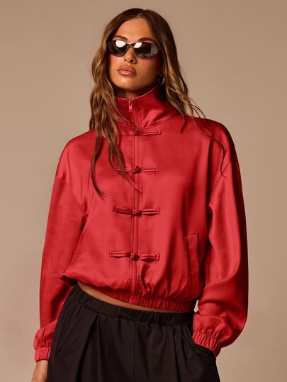 Athîral Women's Solid Color Drop Shoulder Long Sleeve Frog Button Design Jacket