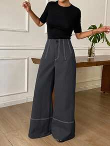 Livesso Women's Colorblock Casual Versatile Daily Wear Wide Leg Long Pants Fall - Navy Blue - View 4