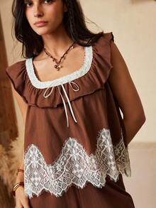 Lullawish Bohemian Style Women's Contrast Color Lace Ruffle Short Sleeve Long Pants Pajama Set - Brown - View 6