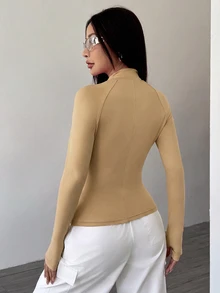 SHEIN Unity Women's Solid Color Zipper Casual Versatile Daily Travel Long Sleeve Jacket - Khaki - View 2