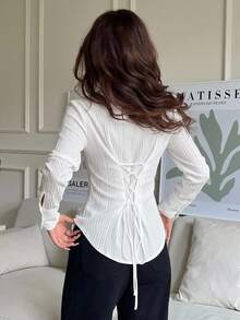 SHEIN EZwear 女款休閒長袖襯衫，秋冬服飾，通勤穿搭 - 白色 - 查看 2