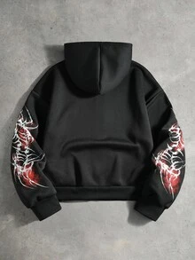 ROMWE MEN 男士深色哥德風蜈蚣印花寬鬆拉鍊連帽衛衣 - 黑色 - 查看 2