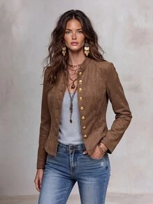 Solivie Women's Solid Color Casual Versatile Daily Long Sleeve Jacket - Coffee Brown - View 7