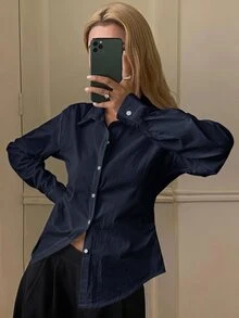 DAZY 女款純色收腰長袖領口優雅正式春夏襯衫 - 藏蓝色 - 查看 3