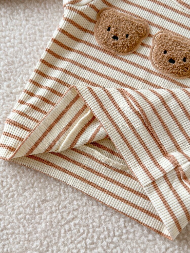 SHEIN Newborn Baby Autumn/Winter Apricot Knitted Striped Cartoon Bear Embroidered Sweatshirt & Sweatpants Set, Cute Fashionable Comfortable Playful Minimalist Style Suitable For Home, Outdoor And Other Occasions - Multicolor - View 8