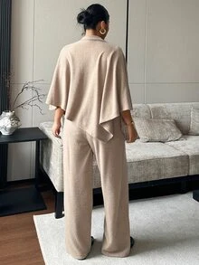 Dazy Plus Loose Asymmetrical Design Pullover Top & Long Pants 2 Pieces Set, Elegant Outfit, Spring/Autumn New Arrival - Khaki - View 2