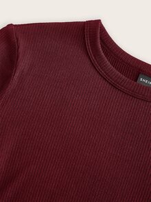 SHEIN BASICS 休閒純色針織圓領長袖修身女款T恤 日常穿搭 酒紅色 秋季 - 酒紅色 - 查看 3