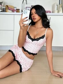 ZzzCrew Knitted Jacquard Camisole & Shorts Polka Dot Print Lace Trim Women's Pajama Set - Baby Pink - View 5