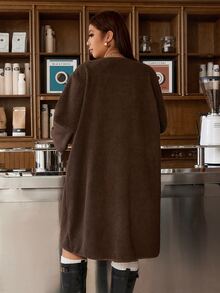 Muchica Women's Plus-Size Brown Single-Breasted Casual Mid-Length Coat In Faux Shearling, Featuring Pockets; Suitable For Autumn And Winter. - Brown - View 2