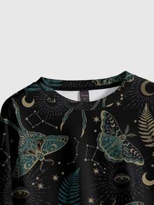 ROMWE Dark Gothic Mysterious Moth Moon Sun Stars Gothic Pullover Sweatshirt Plus Size - Black - View 4