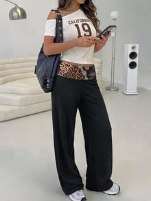 Aloruh 女款秋季新款黑色優雅性感休閒通勤約會晚餐簡約可愛時尚現代低腰對比色豹紋印花腰帶長褲 - 黑色 - 查看 3