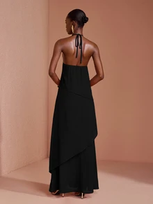 JIAN LASALA Black Chiffon Halter Neck Sleeveless Overlapped Ruffle Hem Long Dress Party Elegant Vacation - Black - View 2