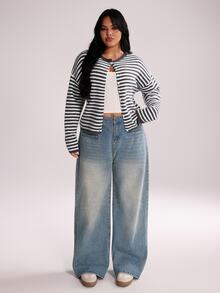 Rustia Sweater Kardigan Tipis Lengan Panjang Kancing Motif Garis Kontras Young Street Y2K Ukuran Plus untuk Wanita, Musim Gugur/Dingin - Hitam dan Putih - View 5