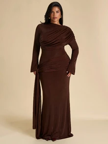SHEIN BAE CURVE Plus Size Women Deep Burgundy Ruched Long Dress With Bow, Elegant Cocktail Dress, Halloween Fall - Brown - View 4