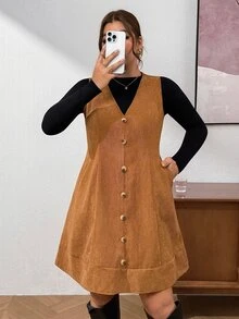 Lounesse 大尺碼女款 V 領單排扣休閒背心裙 - 棕色 - 查看 5