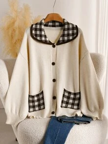 CosyJoli Plus Size Women's Patchwork Plaid Peter Pan Collar Single-Breasted Casual Knit Cardigan - Multicolor - View 5
