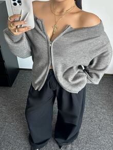 POPSWAY Plus Size Women's Off-Shoulder Long Sleeve Zipper Front Knit Cardigan Fall - Grey - View 6