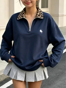 極簡圖案半拉鍊運動衫，適合13-16歲女孩秋冬穿著，休閒日常風格 - 彩色 - 查看 3