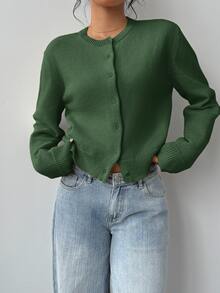 SHEIN BASICS 女款休閒純色圓領長袖寬鬆短版黑色針織開襟外套 冬季外套 - 墨綠色 - 查看 4