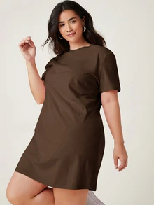 SHEIN BASICS Plus 女款短袖純色T恤洋裝 夏季優雅連身裙 - 咖啡棕 - 查看 3