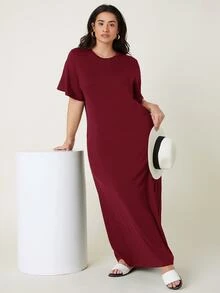 SHEIN BASICS 大尺碼純色T恤洋裝 女款夏季洋裝 女款夏季穿搭 優雅寬鬆洋裝 度假婚禮賓客穿搭 酒紅色 - 酒紅色 - 查看 3
