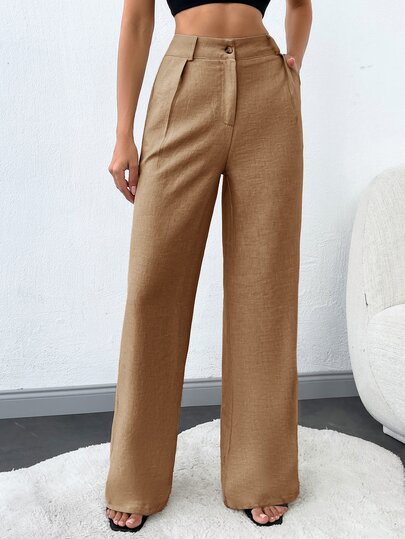 SHEIN Pantalon décontracté à jambes droites avec poches obliques pour femmes de petite taille, couleur unie